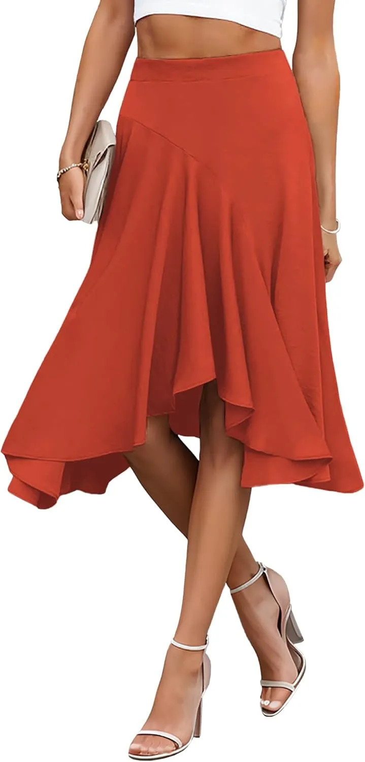 JINKESI Women's Midi Skirt Elegant Flowy Ruffle High Waist Summer Casual High Low Midi Skirts