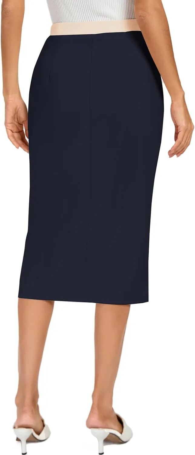 Kate Kasin Womens Business Pencil Skirt Elastic High Waist Below Knee Bodycon Casual Midi Skirt with Slit 2025