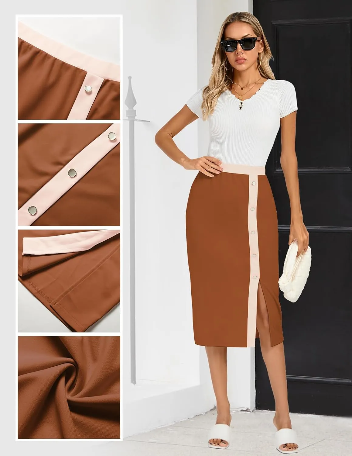 Kate Kasin Womens Business Pencil Skirt Elastic High Waist Below Knee Bodycon Casual Midi Skirt with Slit 2025