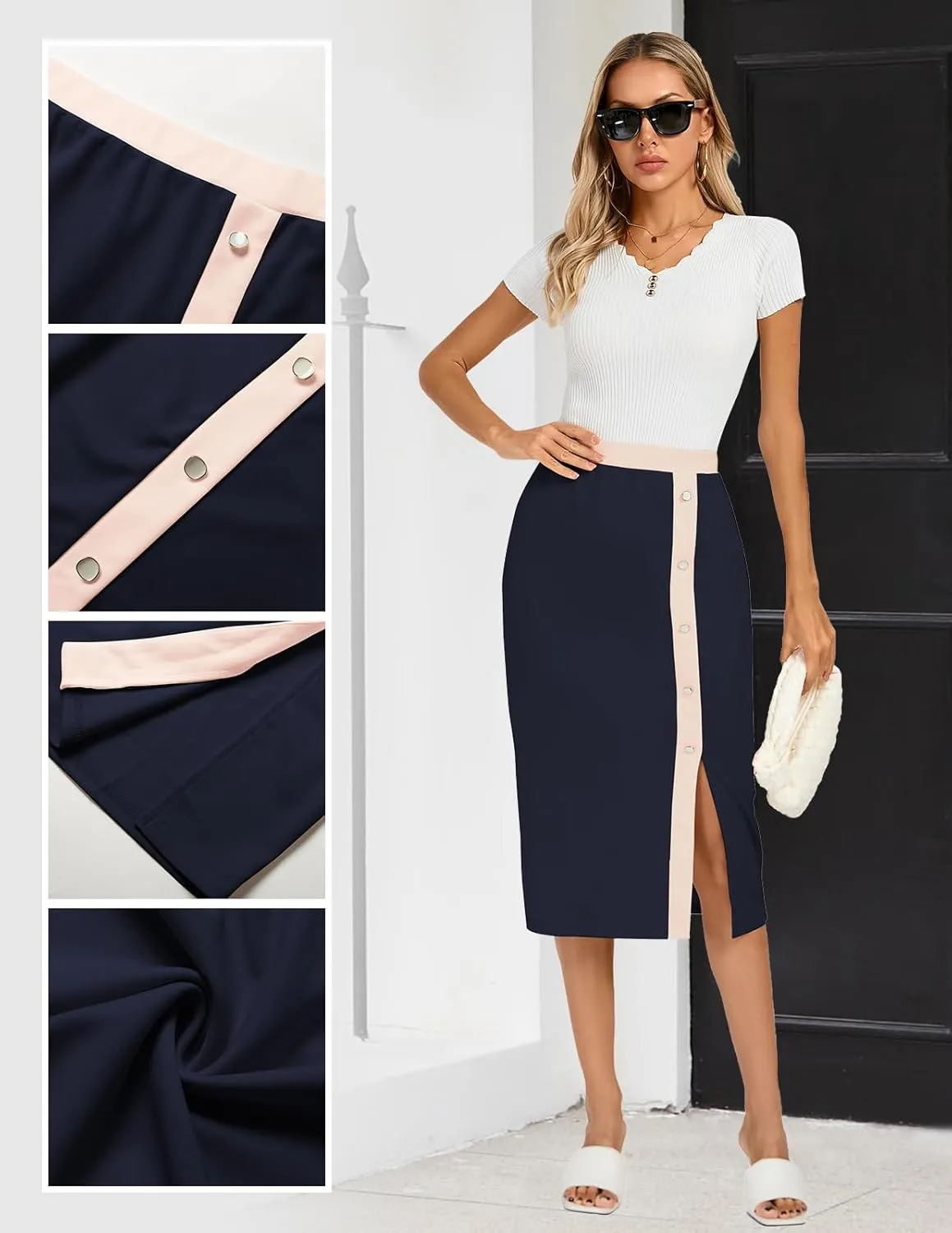 Kate Kasin Womens Business Pencil Skirt Elastic High Waist Below Knee Bodycon Casual Midi Skirt with Slit 2025