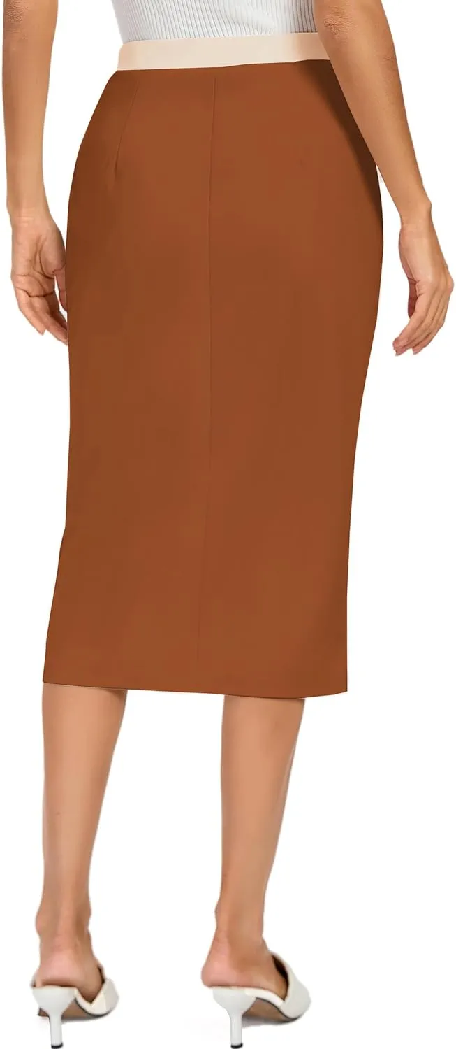 Kate Kasin Womens Business Pencil Skirt Elastic High Waist Below Knee Bodycon Casual Midi Skirt with Slit 2025