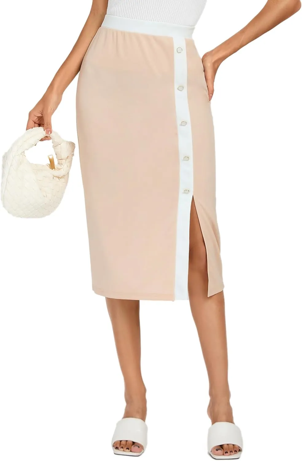 Kate Kasin Womens Business Pencil Skirt Elastic High Waist Below Knee Bodycon Casual Midi Skirt with Slit 2025