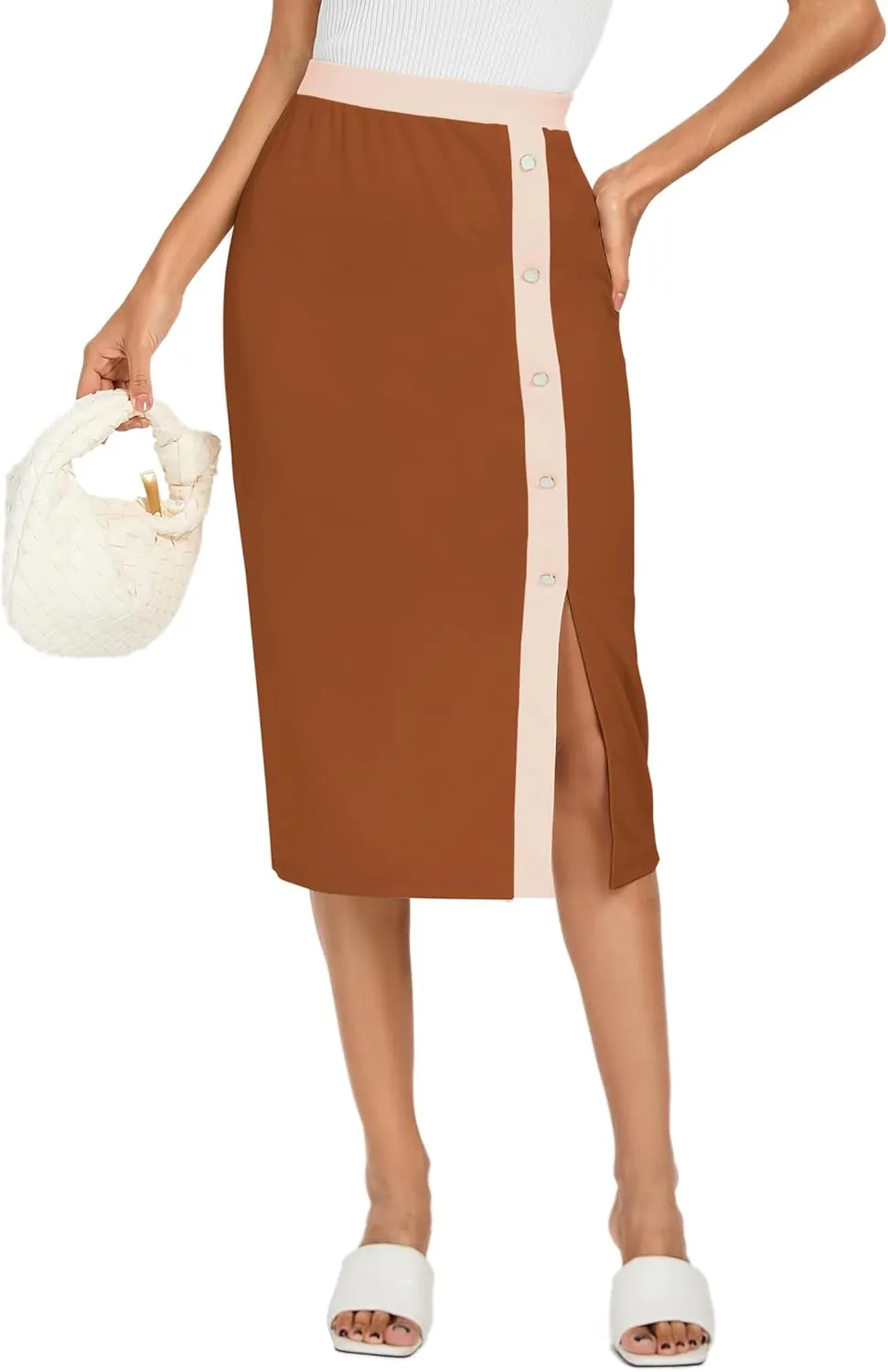 Kate Kasin Womens Business Pencil Skirt Elastic High Waist Below Knee Bodycon Casual Midi Skirt with Slit 2025