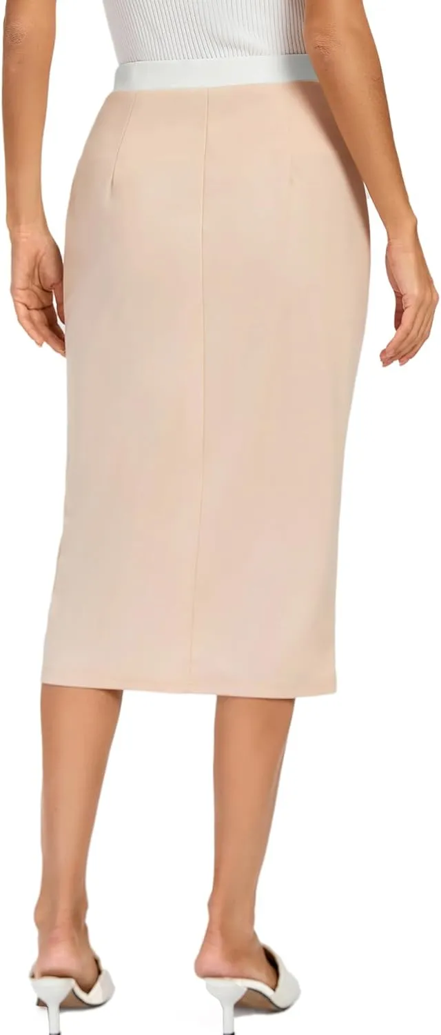 Kate Kasin Womens Business Pencil Skirt Elastic High Waist Below Knee Bodycon Casual Midi Skirt with Slit 2025
