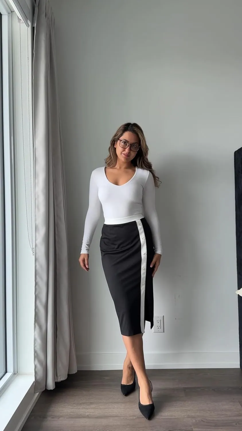 Kate Kasin Womens Business Pencil Skirt Elastic High Waist Below Knee Bodycon Casual Midi Skirt with Slit 2025