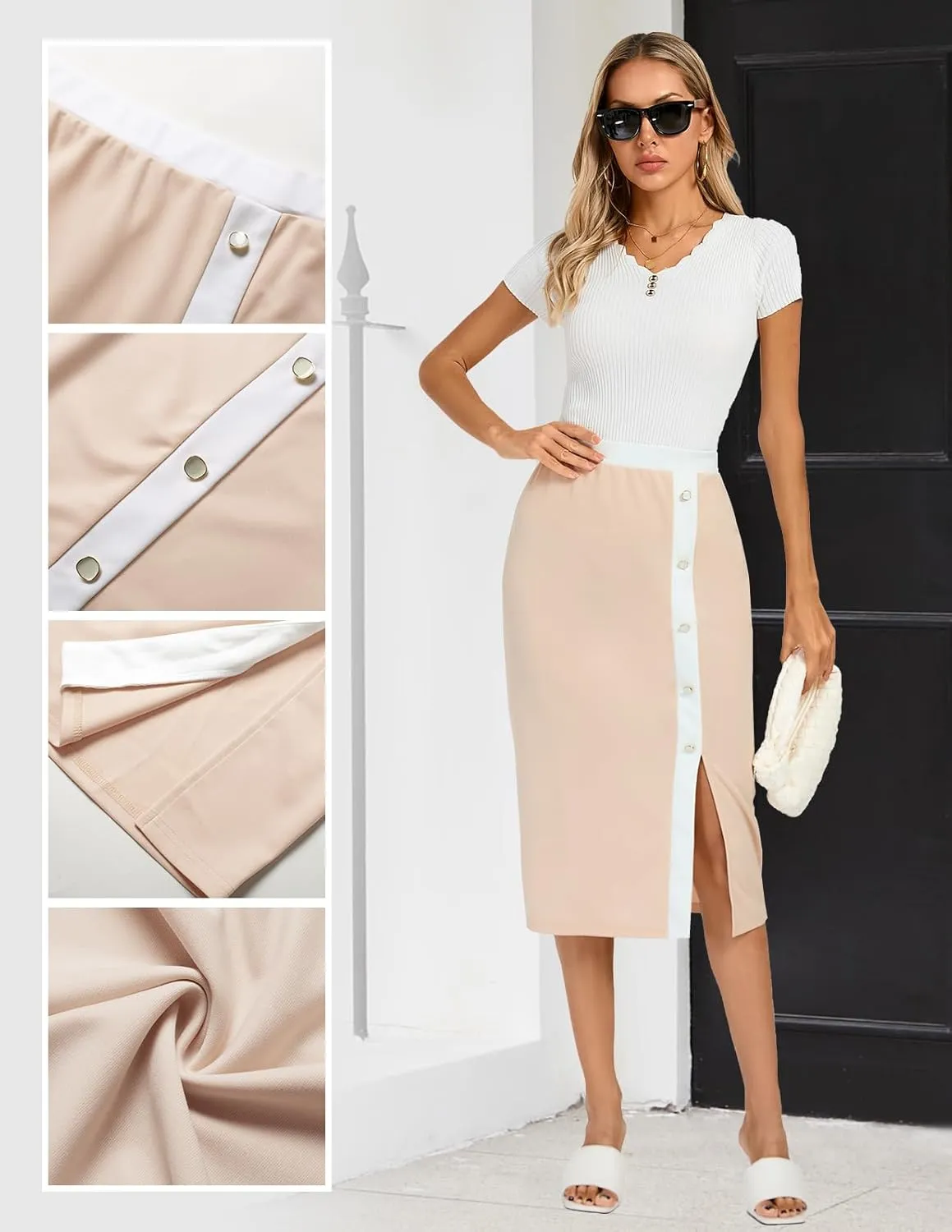 Kate Kasin Womens Business Pencil Skirt Elastic High Waist Below Knee Bodycon Casual Midi Skirt with Slit 2025