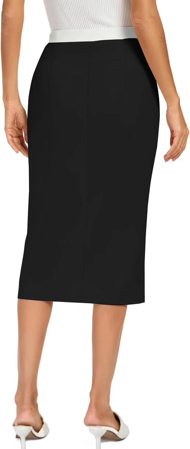 Kate Kasin Womens Business Pencil Skirt Elastic High Waist Below Knee Bodycon Casual Midi Skirt with Slit 2025