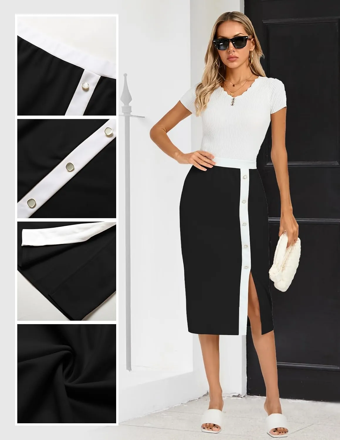 Kate Kasin Womens Business Pencil Skirt Elastic High Waist Below Knee Bodycon Casual Midi Skirt with Slit 2025