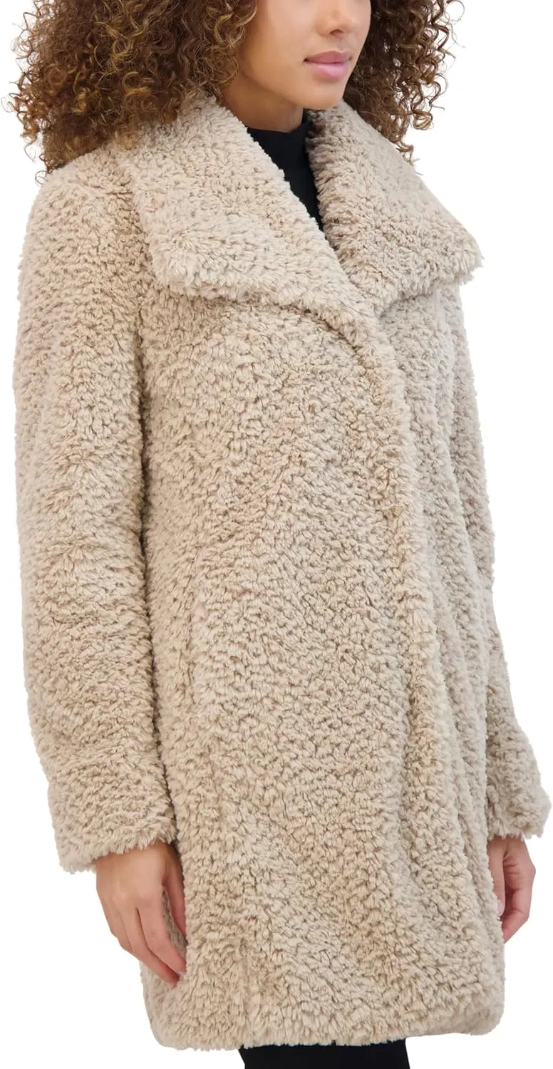 Kenneth Cole Women's Cozy Lightweight Textured Faux Fur Coat with Envelope Collar