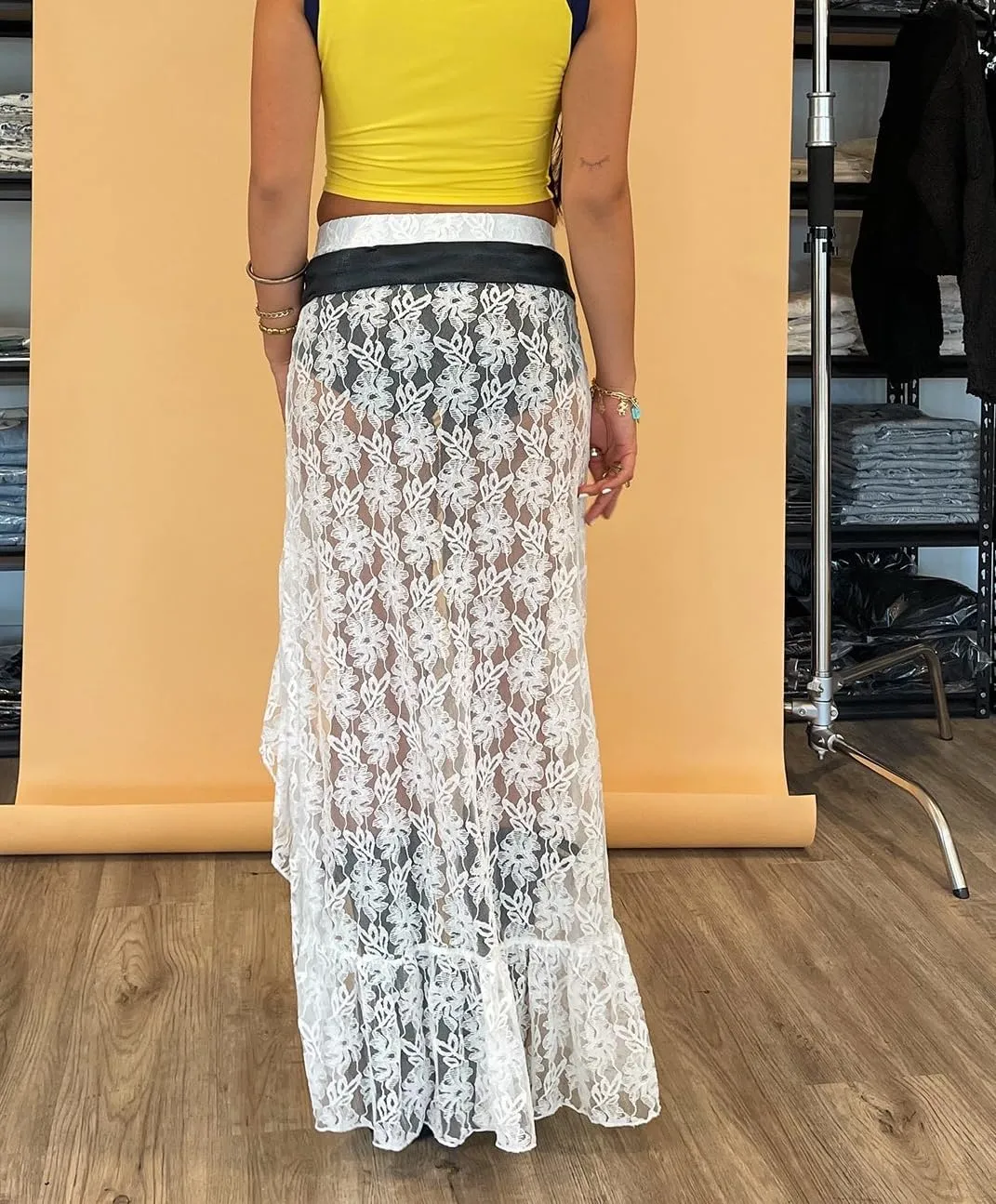 KMBANGI Womens Mesh Lace Long Skirt Asymmetrical Layered Ruffle Maxi Skirts Flowy Y2k See Through Midi Skirt Summer