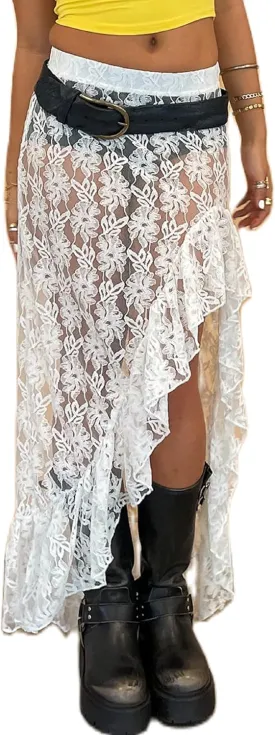 KMBANGI Womens Mesh Lace Long Skirt Asymmetrical Layered Ruffle Maxi Skirts Flowy Y2k See Through Midi Skirt Summer