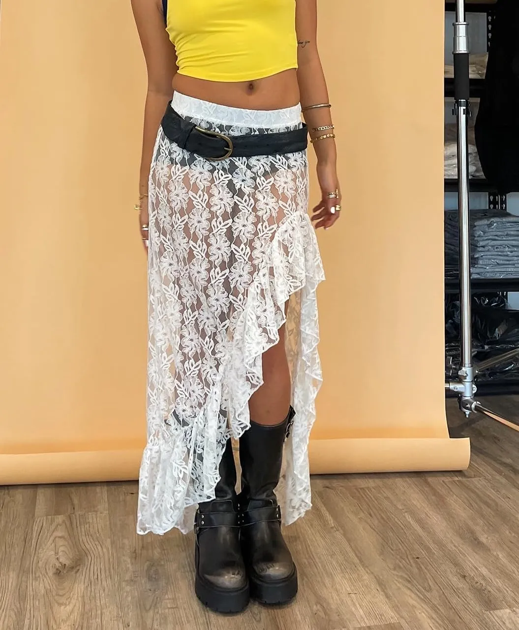 KMBANGI Womens Mesh Lace Long Skirt Asymmetrical Layered Ruffle Maxi Skirts Flowy Y2k See Through Midi Skirt Summer