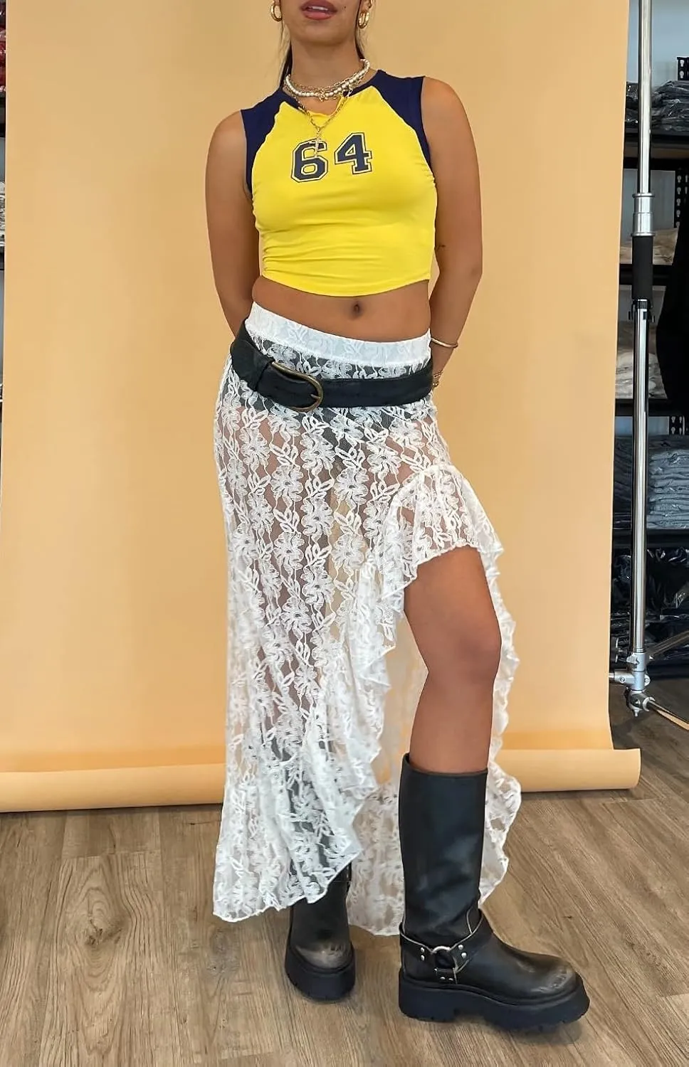 KMBANGI Womens Mesh Lace Long Skirt Asymmetrical Layered Ruffle Maxi Skirts Flowy Y2k See Through Midi Skirt Summer