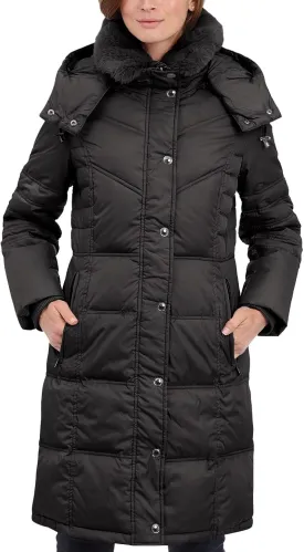 LONDON FOG Women's Chevron Coat with Faux Fur Trimmed Hood