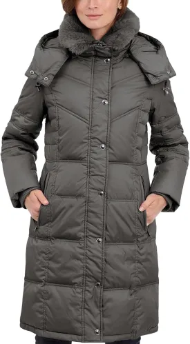 LONDON FOG Women's Chevron Coat with Faux Fur Trimmed Hood