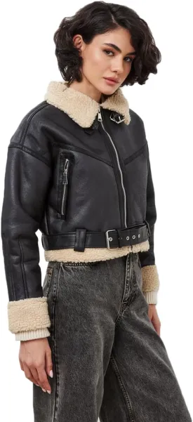 LY VAREY LIN Winter Women Faux Lamb Fur Leather Short Jacket Lapel Zipper Bomber Aviator Coat