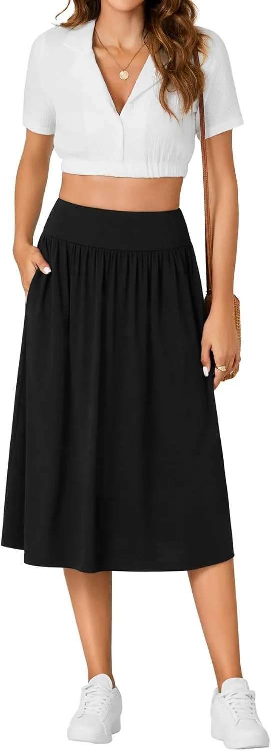 LYANER Women's Elastic High Waist Knee Length A-line Hem Basic Casual Midi Skirt with Pockets
