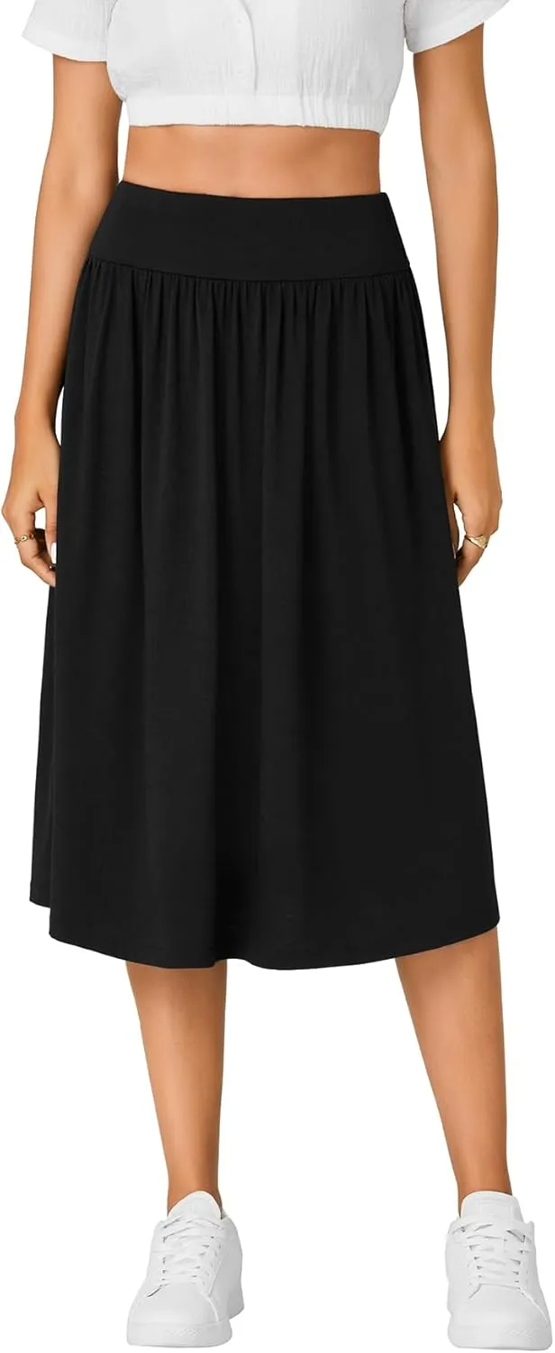 LYANER Women's Elastic High Waist Knee Length A-line Hem Basic Casual Midi Skirt with Pockets