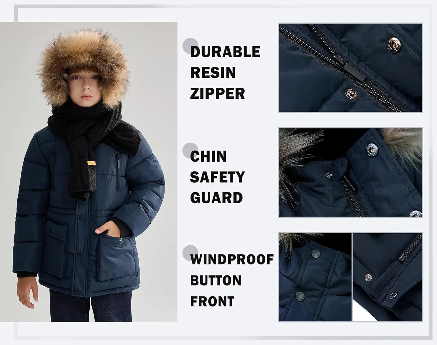 maoo garden Boys Puffer Winter Coat Big Kids Heavyweight Sherpa Lined Fur Hooded Jacket Water-Resistant Snow Parka