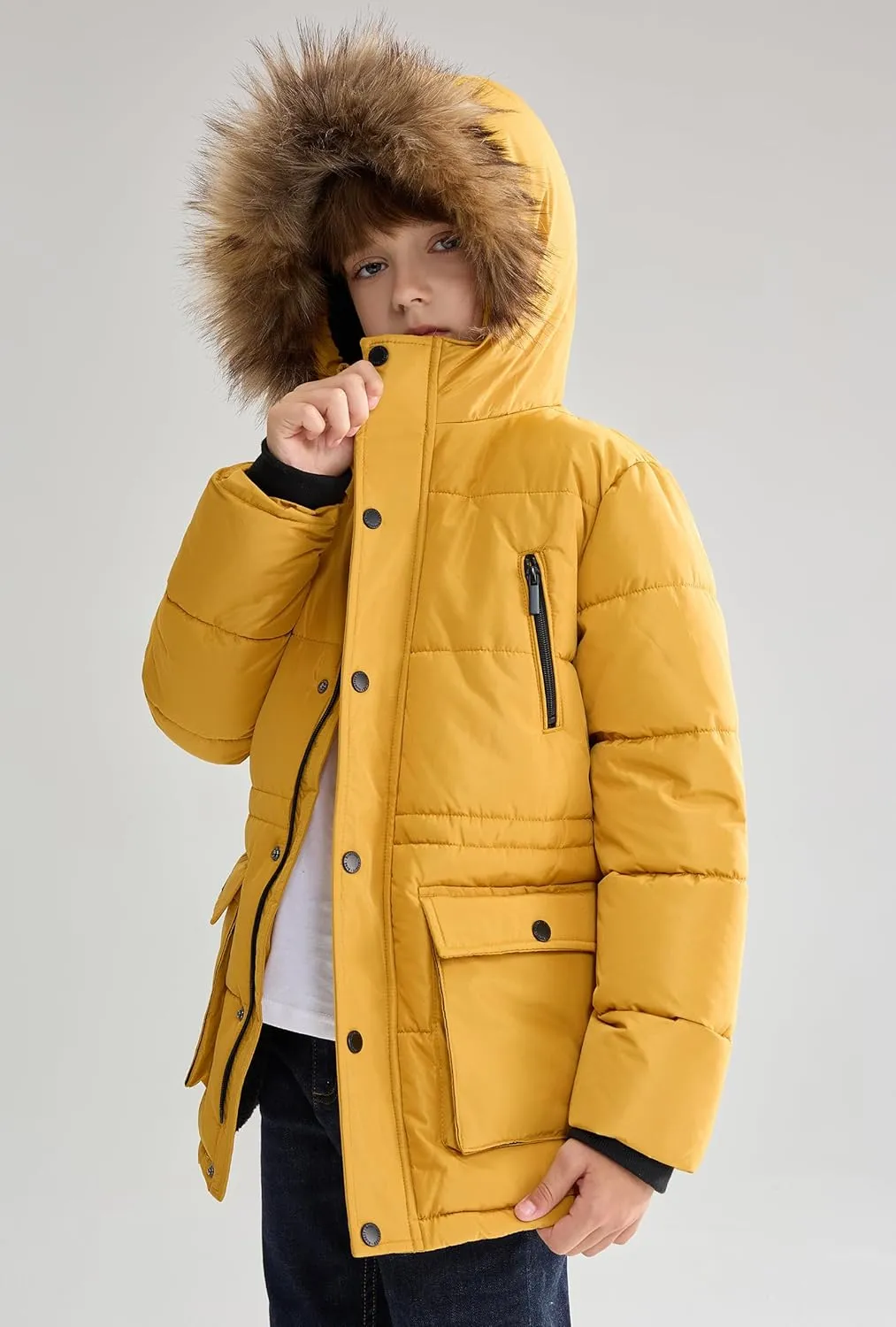 maoo garden Boys Puffer Winter Coat Big Kids Heavyweight Sherpa Lined Fur Hooded Jacket Water-Resistant Snow Parka