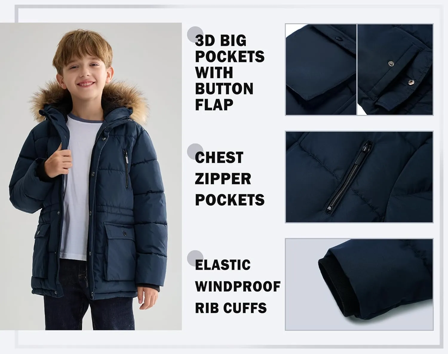 maoo garden Boys Puffer Winter Coat Big Kids Heavyweight Sherpa Lined Fur Hooded Jacket Water-Resistant Snow Parka