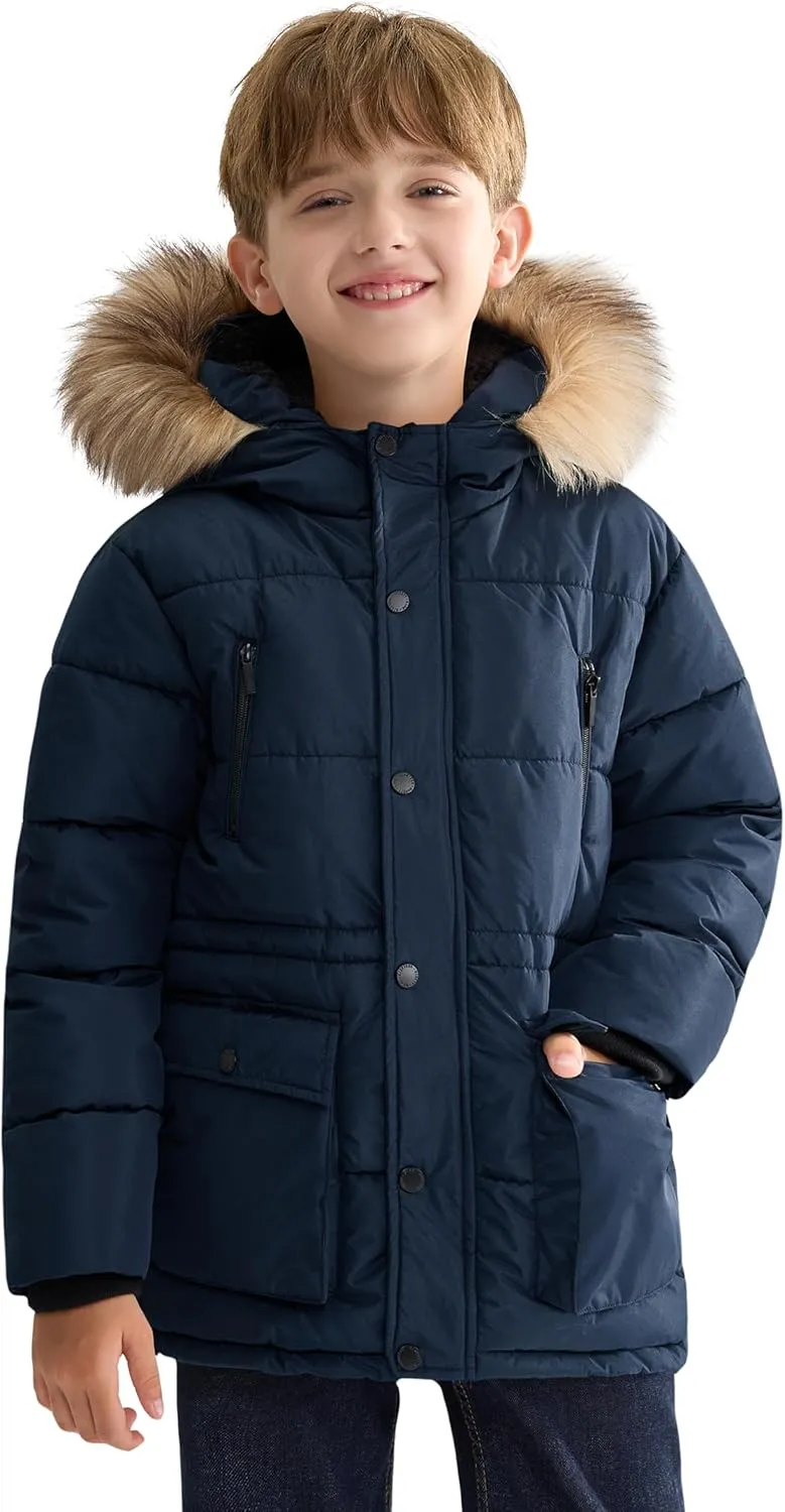 maoo garden Boys Puffer Winter Coat Big Kids Heavyweight Sherpa Lined Fur Hooded Jacket Water-Resistant Snow Parka