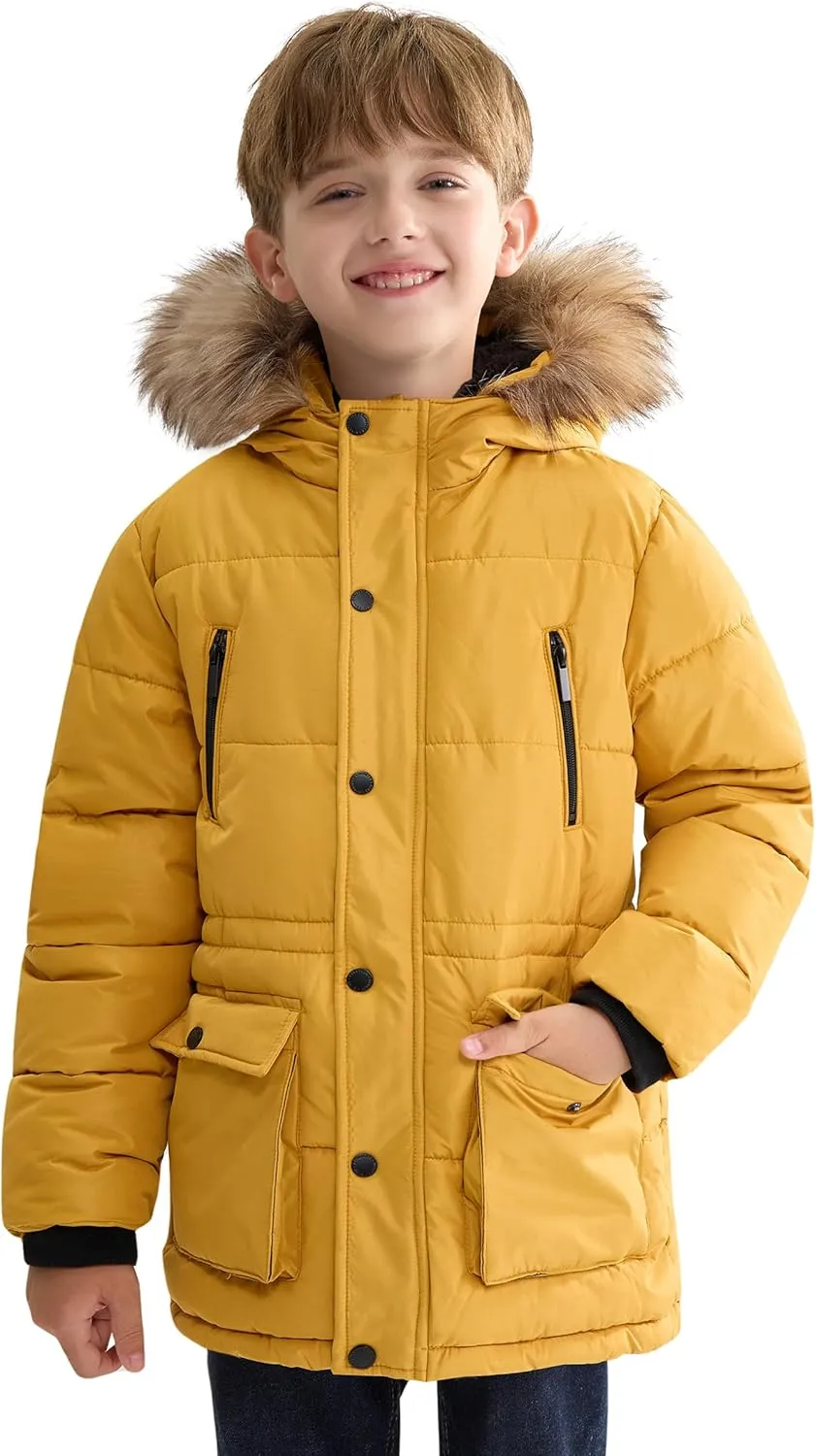 maoo garden Boys Puffer Winter Coat Big Kids Heavyweight Sherpa Lined Fur Hooded Jacket Water-Resistant Snow Parka
