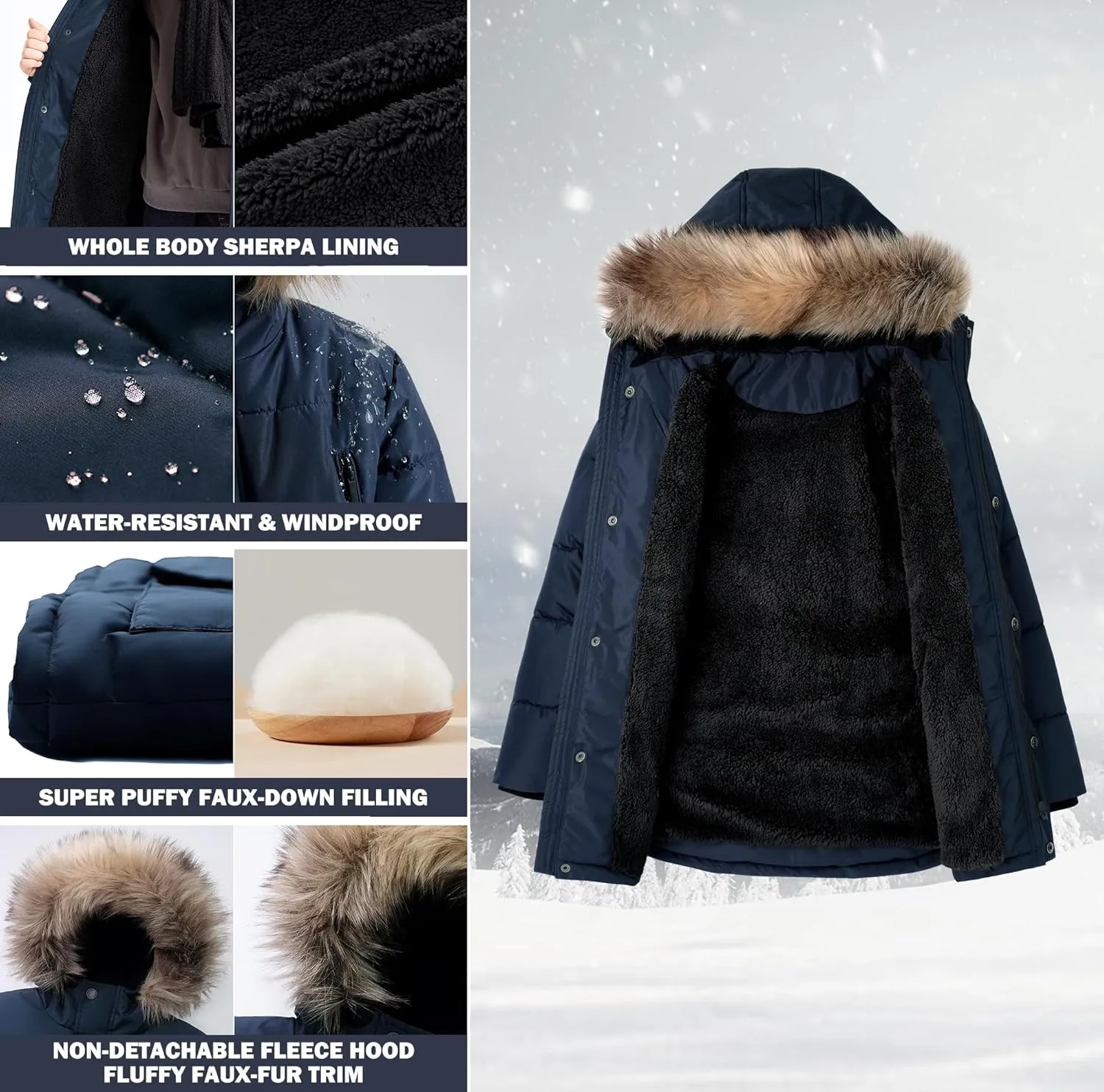 maoo garden Boys Puffer Winter Coat Big Kids Heavyweight Sherpa Lined Fur Hooded Jacket Water-Resistant Snow Parka