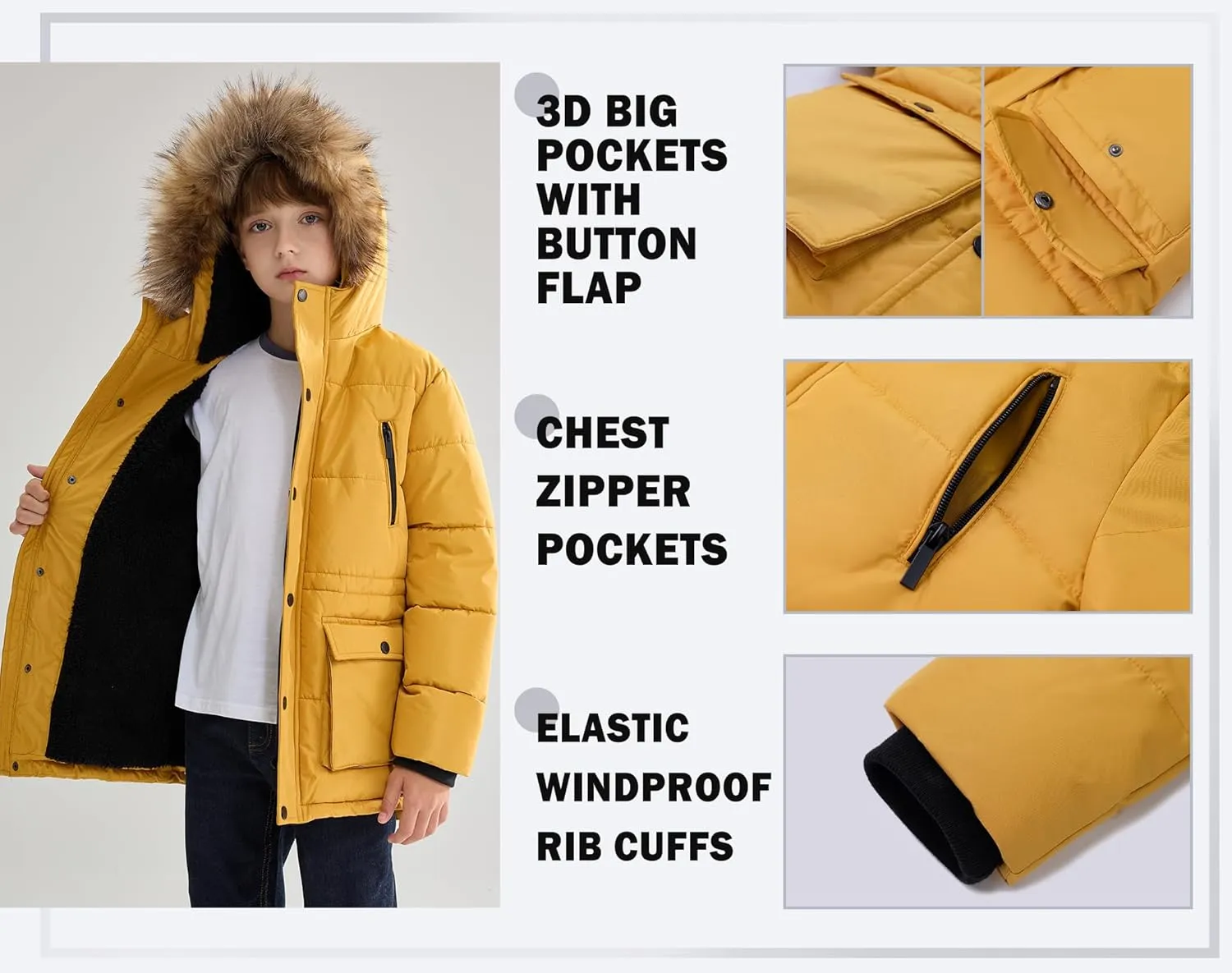 maoo garden Boys Puffer Winter Coat Big Kids Heavyweight Sherpa Lined Fur Hooded Jacket Water-Resistant Snow Parka