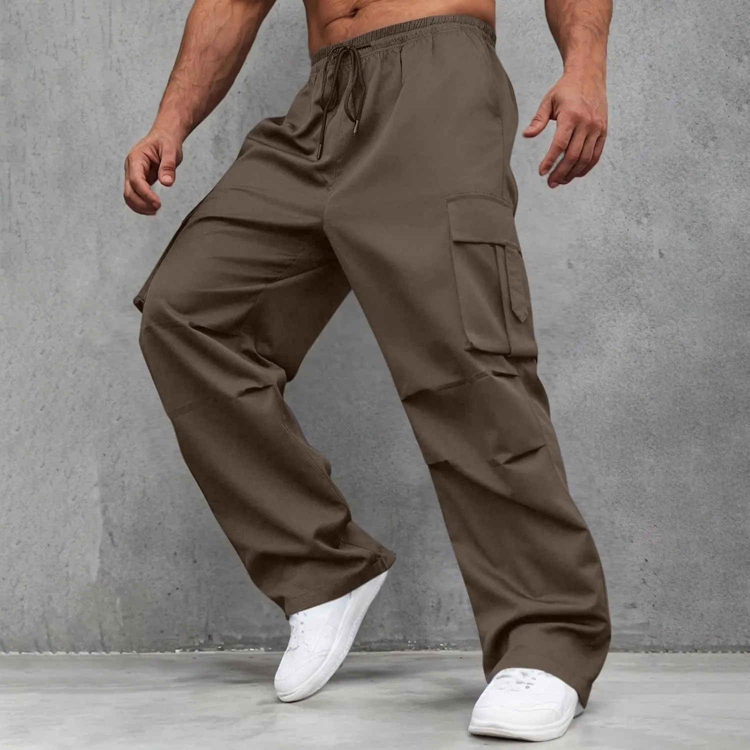 Men's Casual Cargo Joggers Drawstring Straight Leg Breathable Chino Pants Running Baggy Twill Jogging Sweatpants