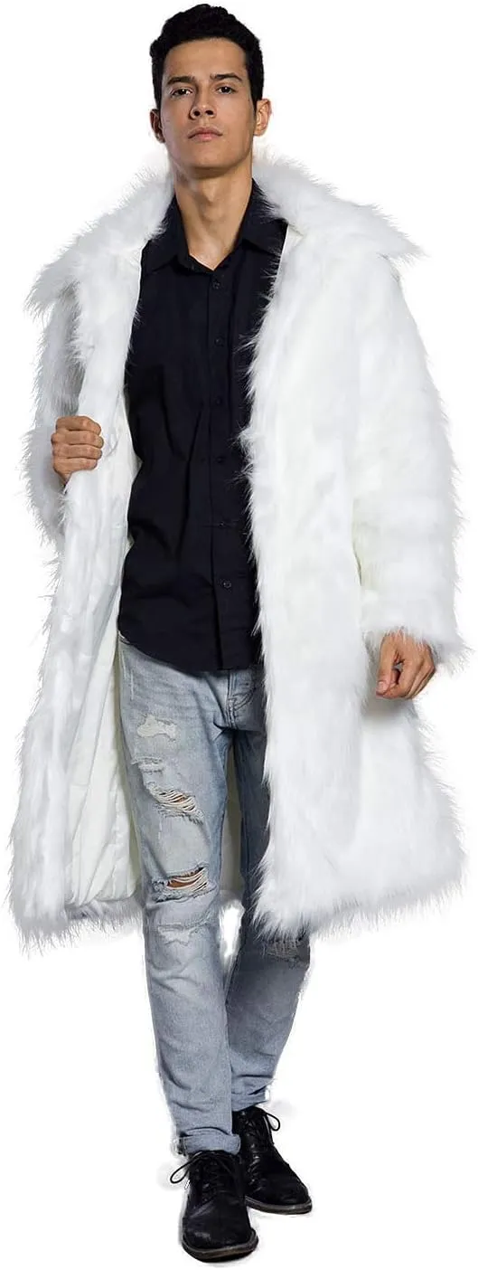 Men's Long Sleeve Fluffy Faux Fur Coat,Mens Winter Warm Faux Fur Overcoat,Long Thicken Soft Jacket Outerwear