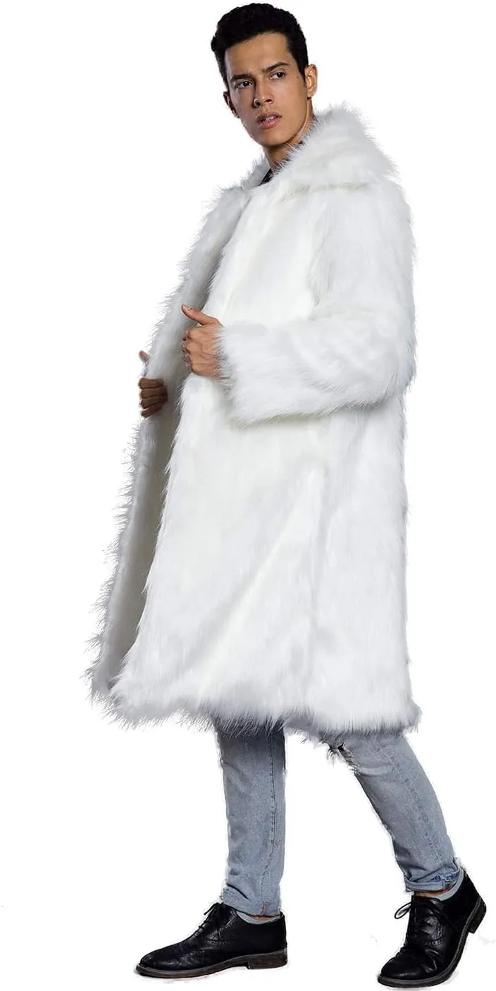 Men's Long Sleeve Fluffy Faux Fur Coat,Mens Winter Warm Faux Fur Overcoat,Long Thicken Soft Jacket Outerwear