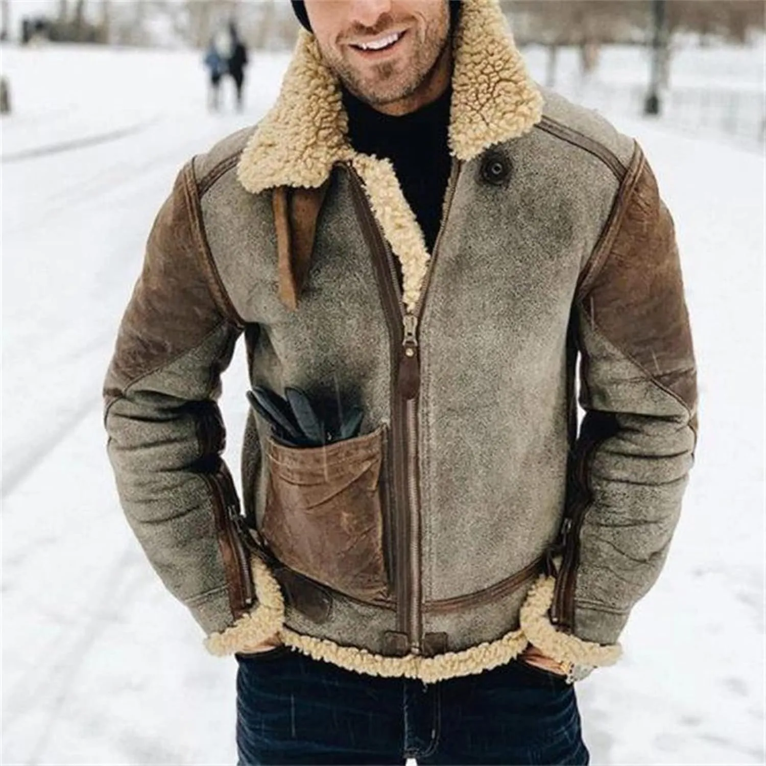 Men's Wool Bomber Coat Faux Leather Heavyweight Sherpa Fleece Lined Jackets Suede Faux Fur Trench-Coat