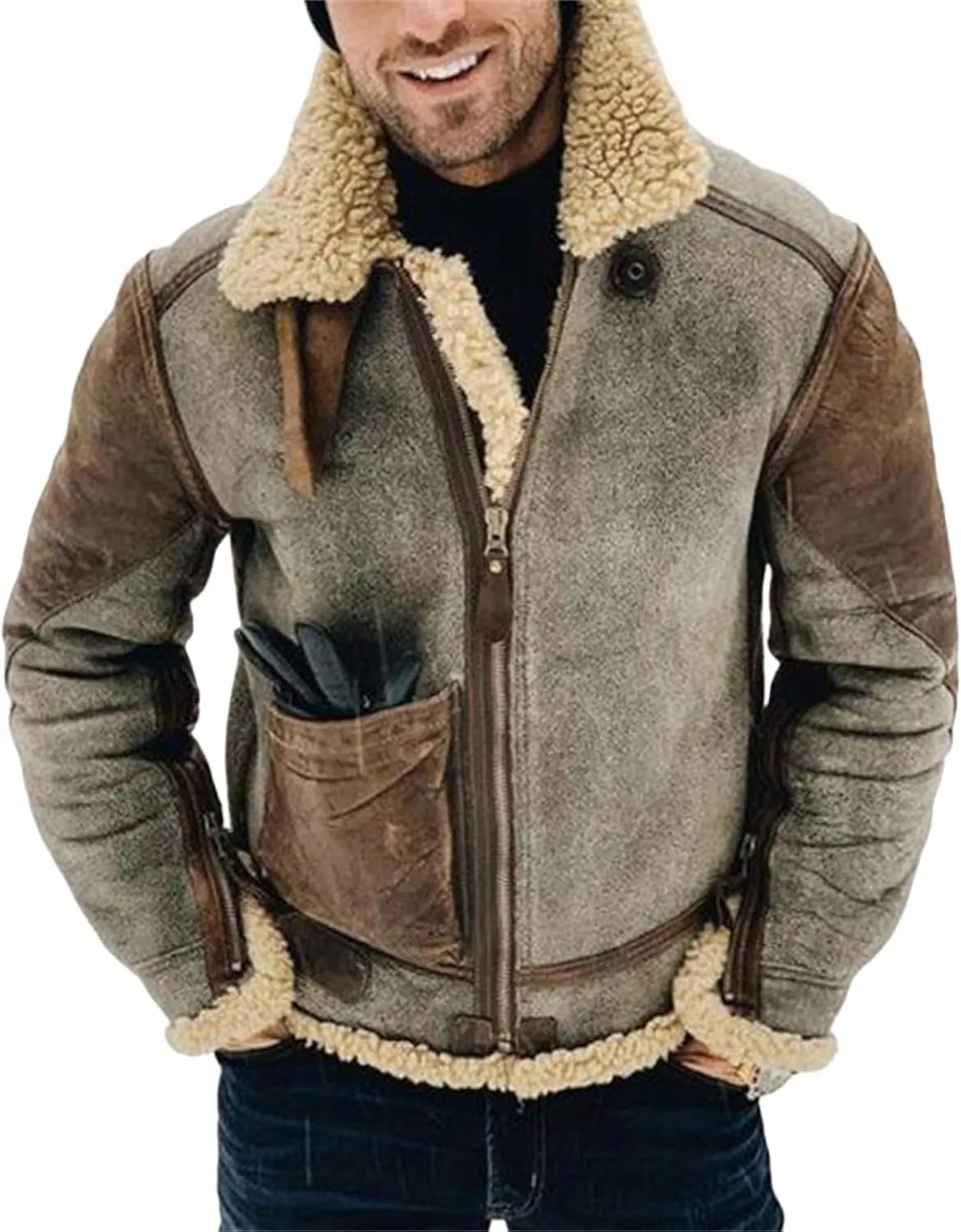 Men's Wool Bomber Coat Faux Leather Heavyweight Sherpa Fleece Lined Jackets Suede Faux Fur Trench-Coat