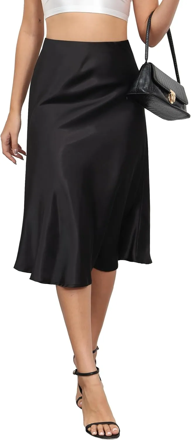 Mist Azur Women Silky Satin Side Split Skirt High Waist Elastic Elegant A Line Midi Skirts for Women