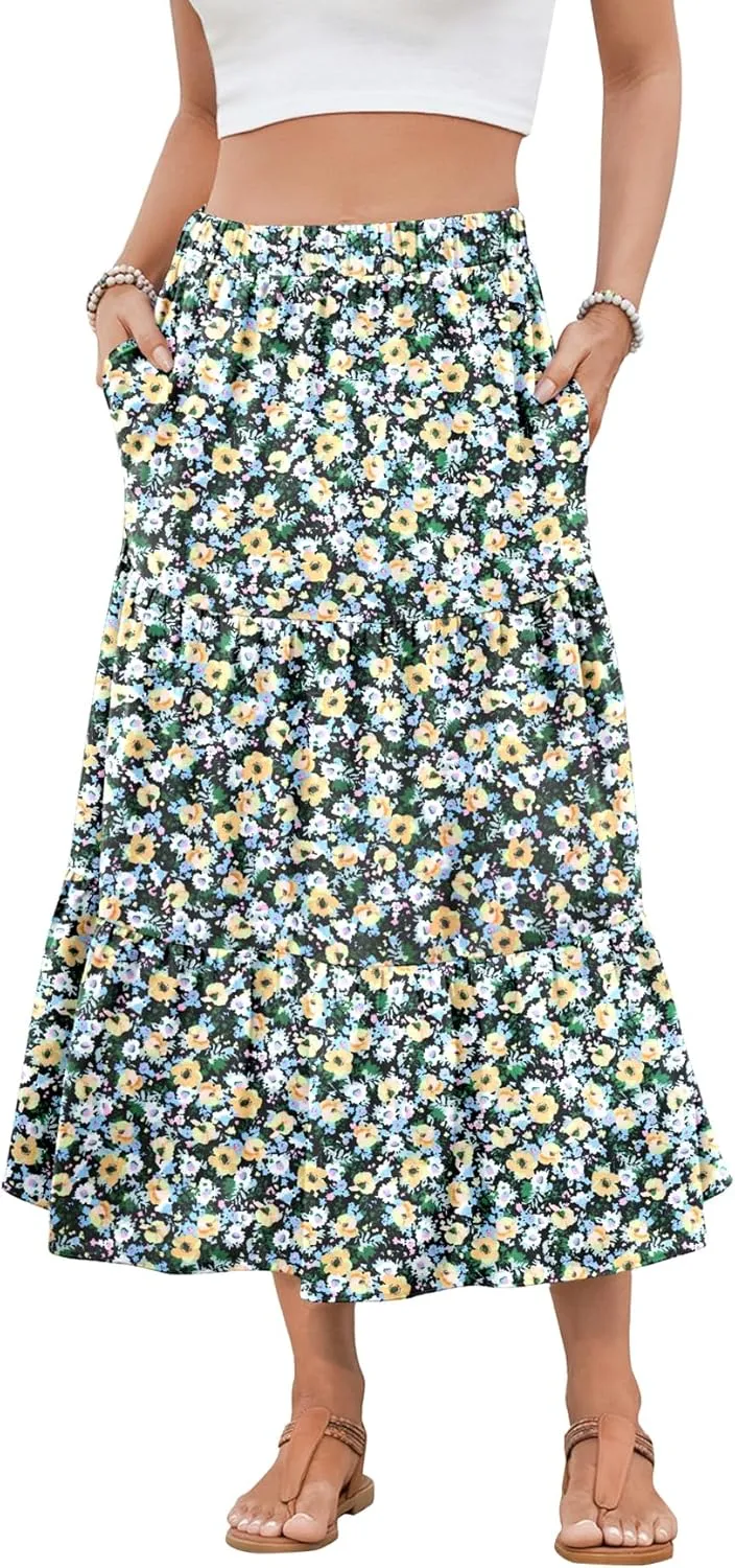 NILOUFO Women Casual Midi Skirt High Waist Trendy Tiered Pleated Skirts with Pockets