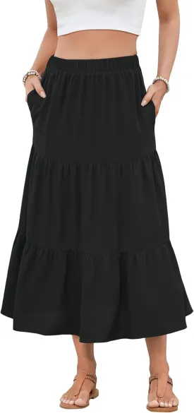 NILOUFO Women Casual Midi Skirt High Waist Trendy Tiered Pleated Skirts with Pockets