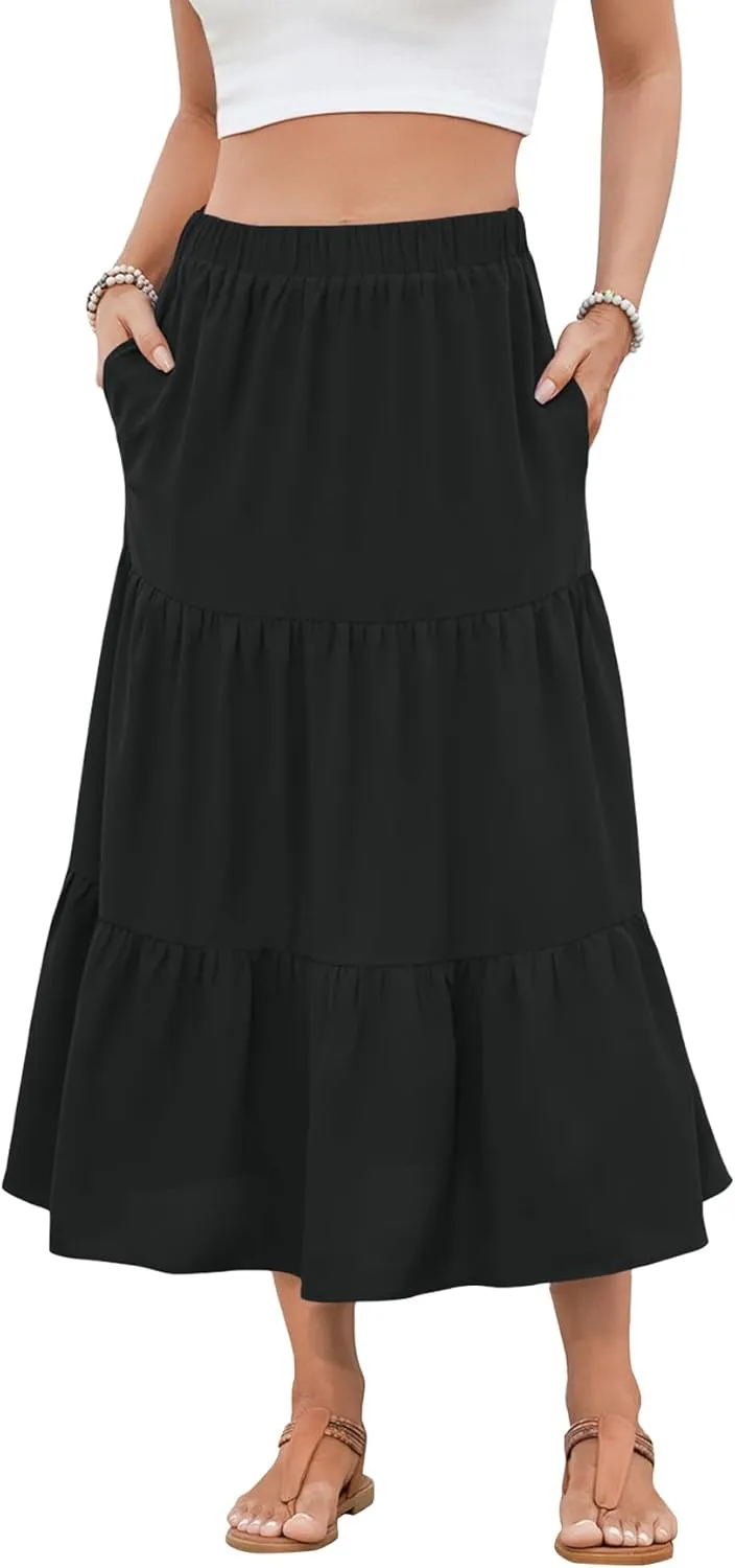 NILOUFO Women Casual Midi Skirt High Waist Trendy Tiered Pleated Skirts with Pockets
