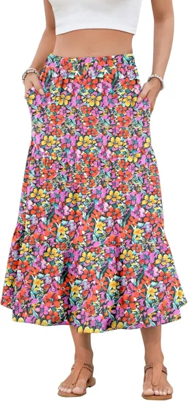NILOUFO Women Casual Midi Skirt High Waist Trendy Tiered Pleated Skirts with Pockets