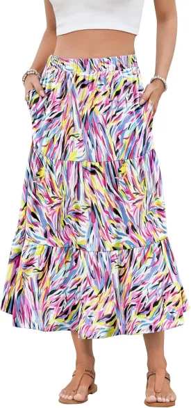 NILOUFO Women Casual Midi Skirt High Waist Trendy Tiered Pleated Skirts with Pockets