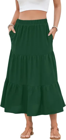 NILOUFO Women Casual Midi Skirt High Waist Trendy Tiered Pleated Skirts with Pockets