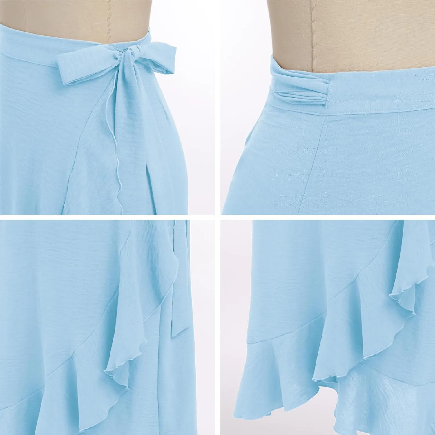 OBEEII Women Ruffle Wrap Skirt Summer Casual High Waist Tie Flowy Beach Skirt High Low Asymmetrical Split Midi Skirts