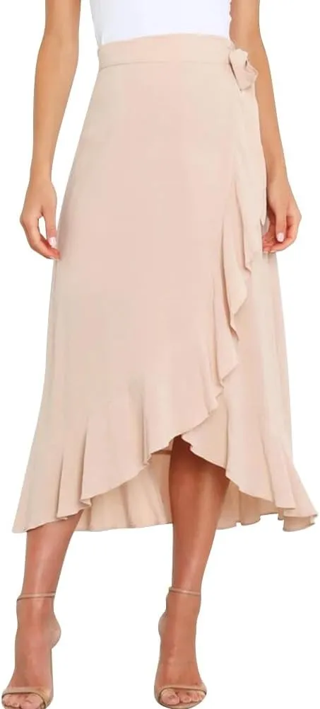 OBEEII Women Ruffle Wrap Skirt Summer Casual High Waist Tie Flowy Beach Skirt High Low Asymmetrical Split Midi Skirts