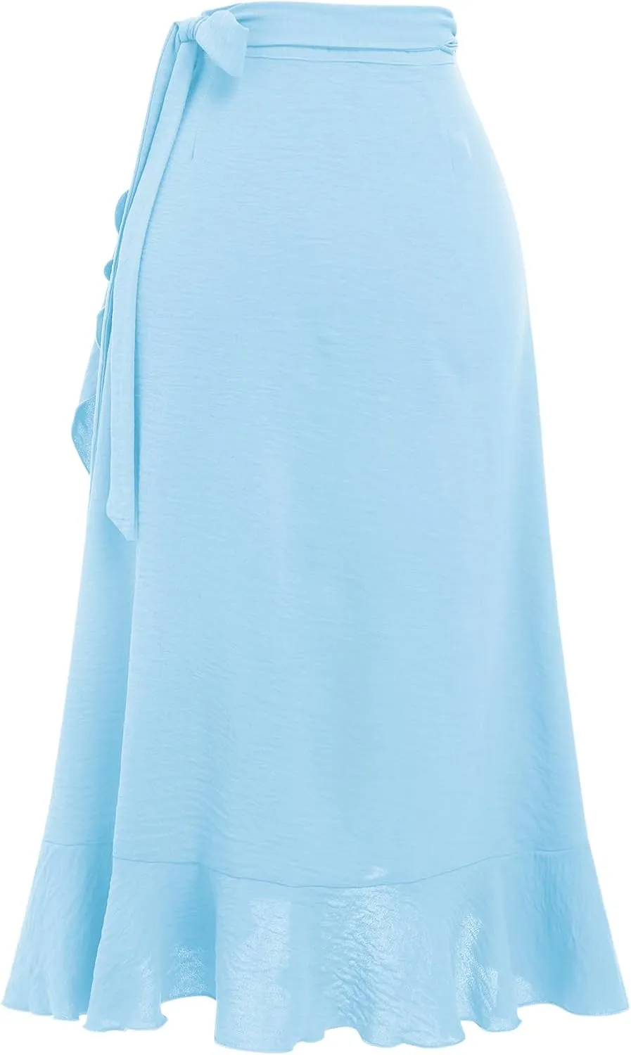 OBEEII Women Ruffle Wrap Skirt Summer Casual High Waist Tie Flowy Beach Skirt High Low Asymmetrical Split Midi Skirts