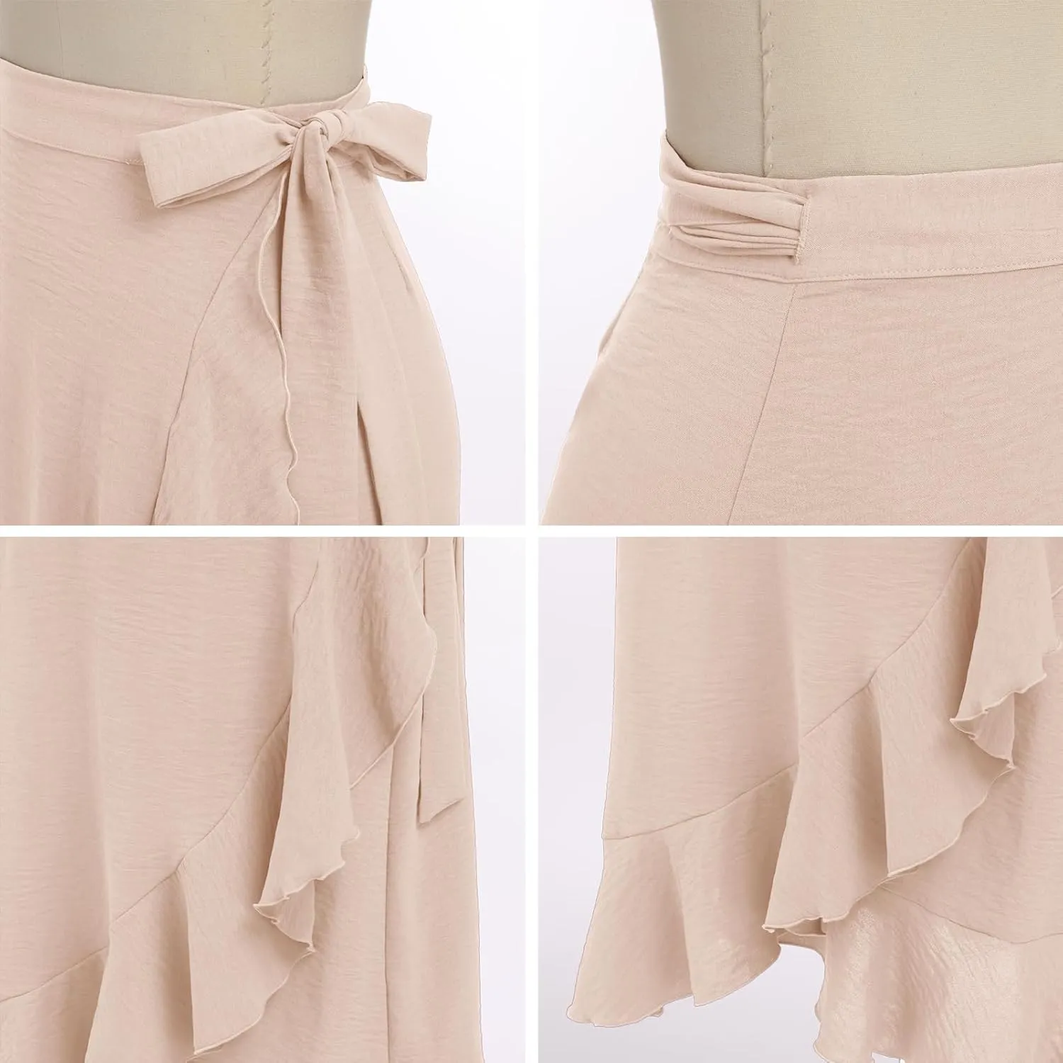 OBEEII Women Ruffle Wrap Skirt Summer Casual High Waist Tie Flowy Beach Skirt High Low Asymmetrical Split Midi Skirts