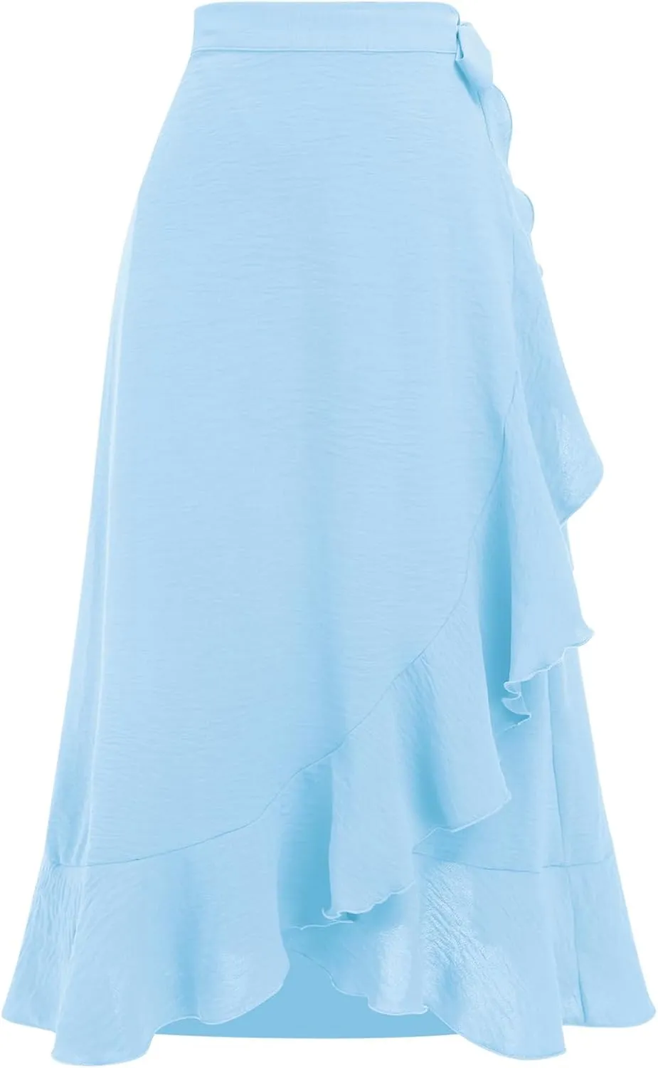 OBEEII Women Ruffle Wrap Skirt Summer Casual High Waist Tie Flowy Beach Skirt High Low Asymmetrical Split Midi Skirts