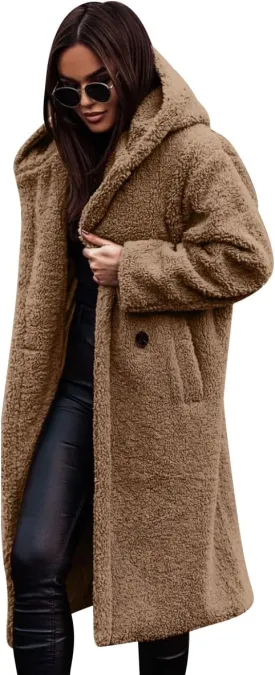ODIZLI Women's Winter Coats Fuzzy Fleece Long Hooded Jackets Button Down Faux Fur Warm Outwear With Pockets