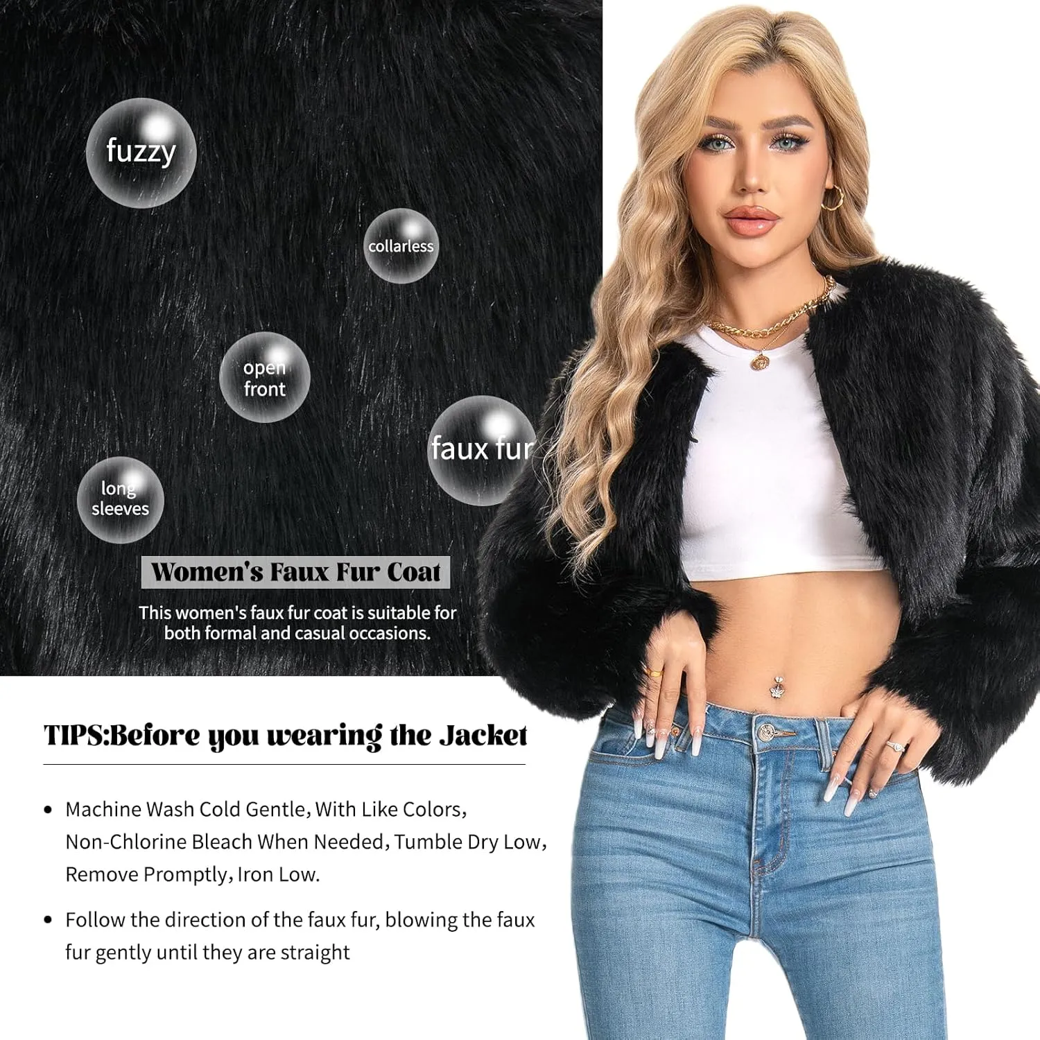 Petite Cropped Fur Coat for Women, Faux Furry Long Sleeve Fluffy Jacket Open Front Winter Shaggy Warm Outwear.