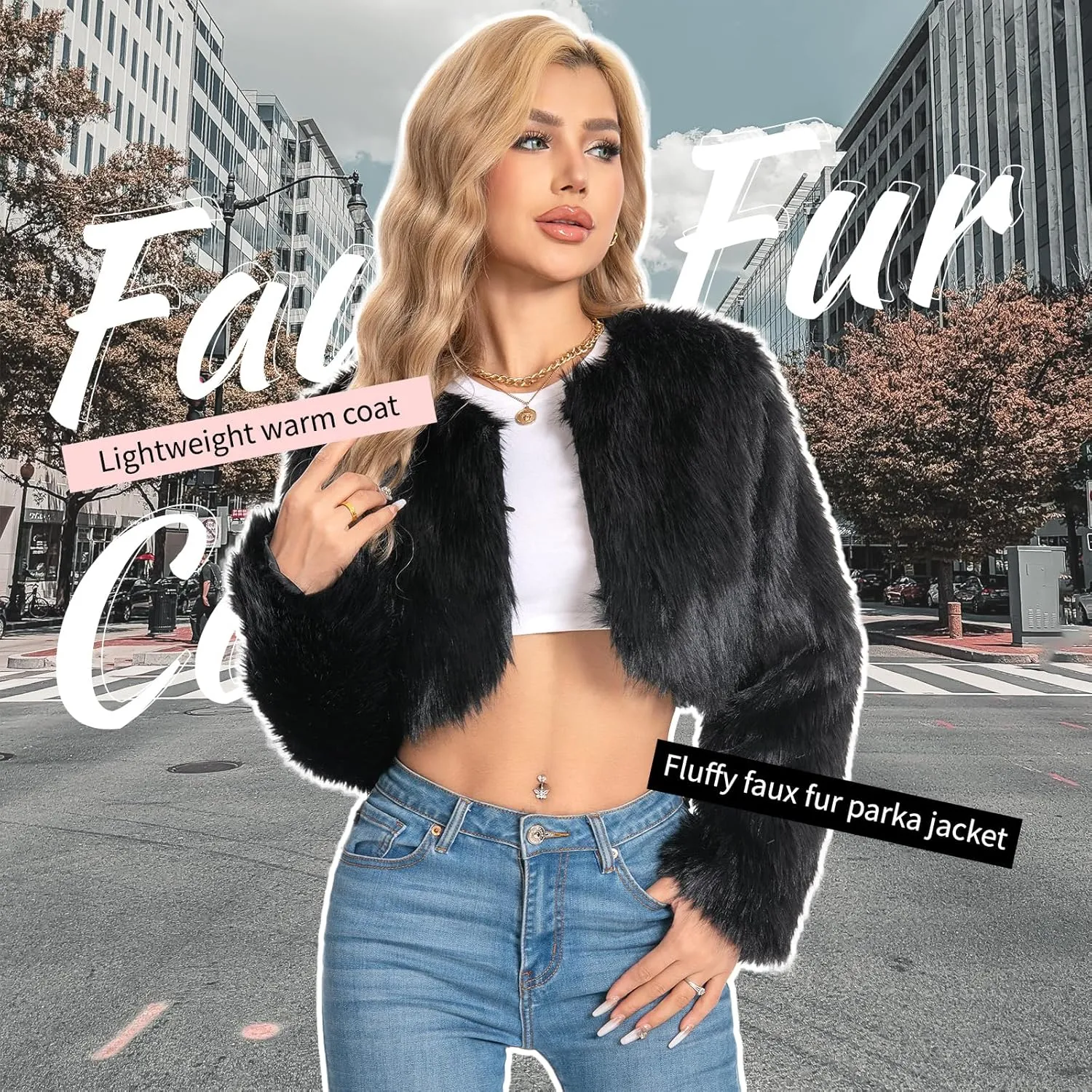 Petite Cropped Fur Coat for Women, Faux Furry Long Sleeve Fluffy Jacket Open Front Winter Shaggy Warm Outwear.
