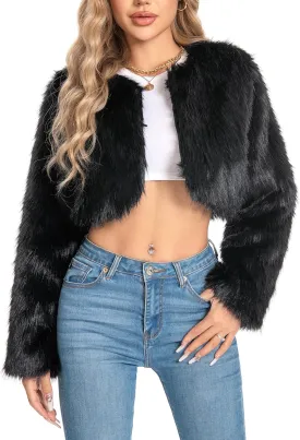 Petite Cropped Fur Coat for Women, Faux Furry Long Sleeve Fluffy Jacket Open Front Winter Shaggy Warm Outwear.